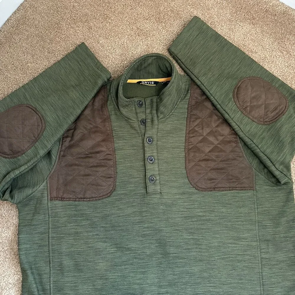 Orvis Sharptail Quarter Button Elbow Shoulder Patch Fleece Sweater Gray Size XXL